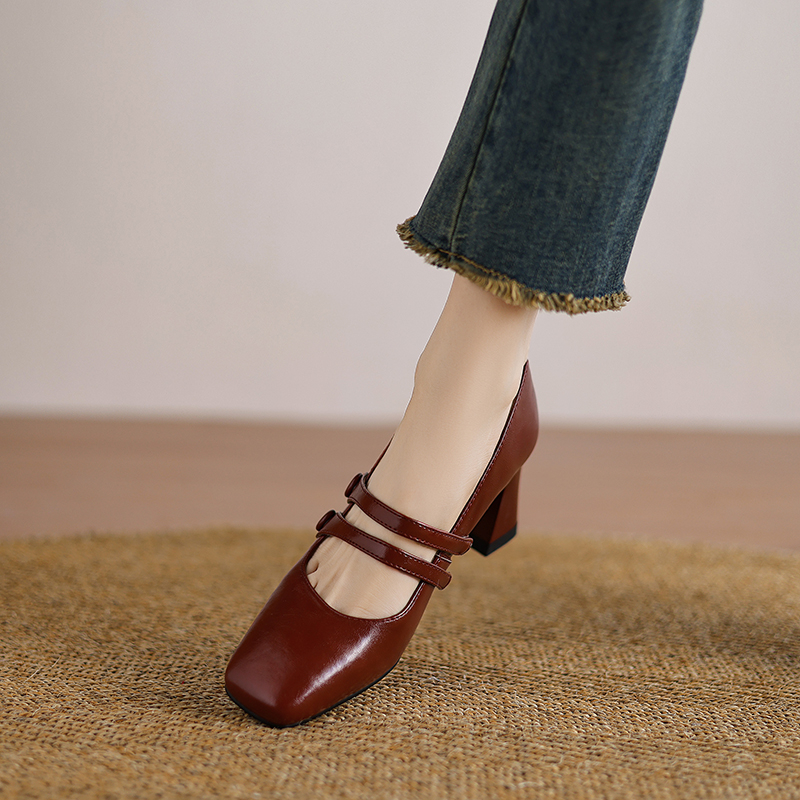 Vintage French Square-Toe Genuine Leather Chunky-Heeled Mary Jane Shoes in Wine Red for Women â€“ Retro Y2K Style