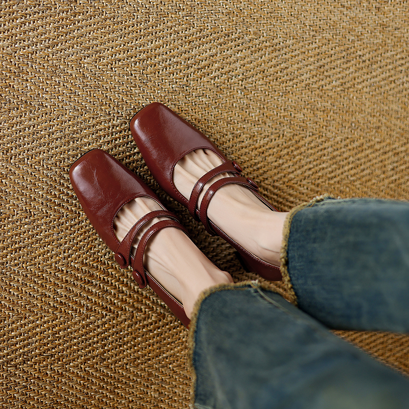 Vintage French Square-Toe Genuine Leather Chunky-Heeled Mary Jane Shoes in Wine Red for Women â€“ Retro Y2K Style