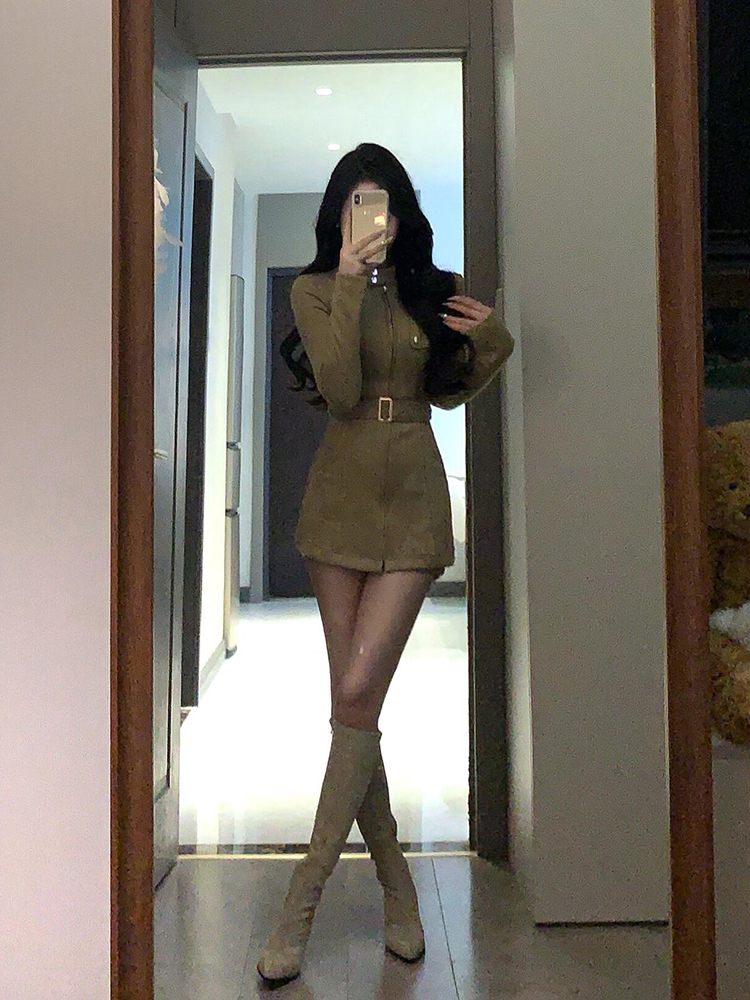 Vintage French Stand Collar Suede Dress Coat for Women - Slim Waist, Hip-Hugging Short Skirt Suit, Spicy Girl Workwear for Winter