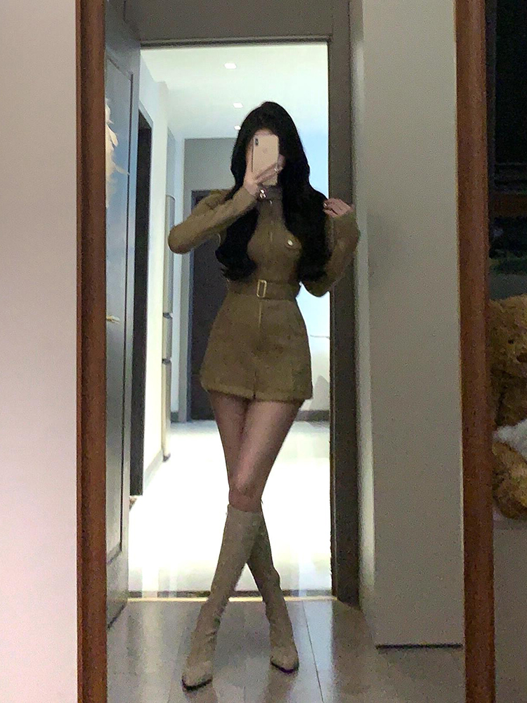 Vintage French Stand Collar Suede Dress Coat for Women - Slim Waist, Hip-Hugging Short Skirt Suit, Spicy Girl Workwear for Winter