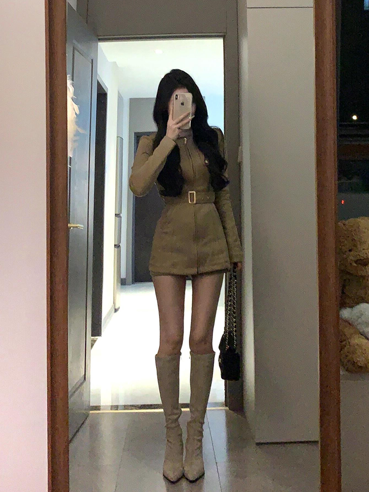 Vintage French Stand Collar Suede Dress Coat for Women - Slim Waist, Hip-Hugging Short Skirt Suit, Spicy Girl Workwear for Winter
