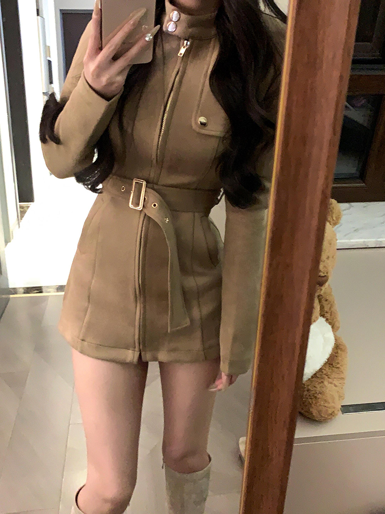 Vintage French Stand Collar Suede Dress Coat for Women - Slim Waist, Hip-Hugging Short Skirt Suit, Spicy Girl Workwear for Winter