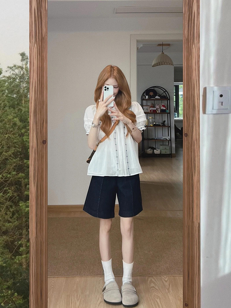 Vintage French Style White Embroidered Shirt for Women, Loose Short-Sleeve Blouse, Unique Design for Summer 2025 Fashion