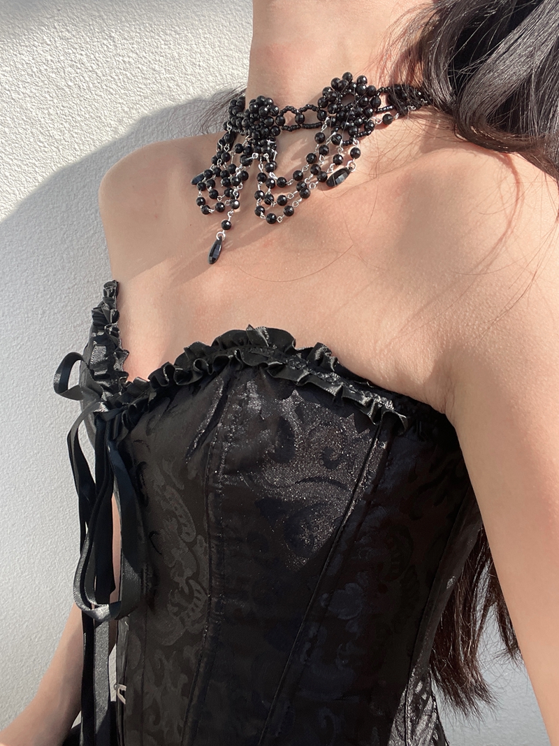 Vintage Gothic Woven Black Bead Choker Necklace with Tassels, Heavy Industry Clavicle Chain for Women, Boho Statement Jewelry