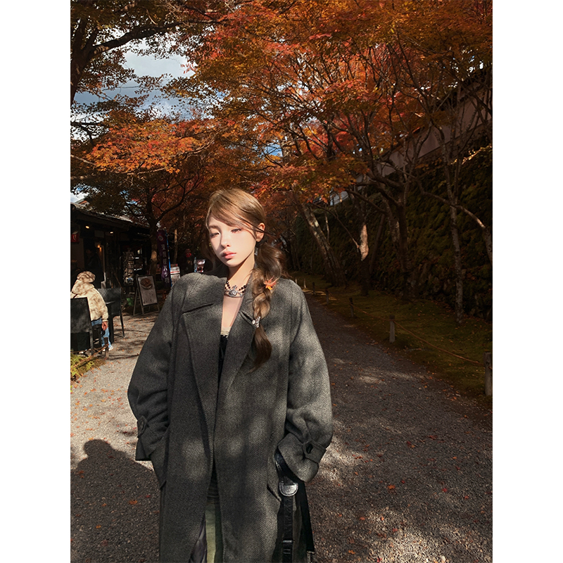 Vintage Gray Mid-Length Waist-Defined Houndstooth Wool Coat for Women - 90s Inspired Chic Outerwear