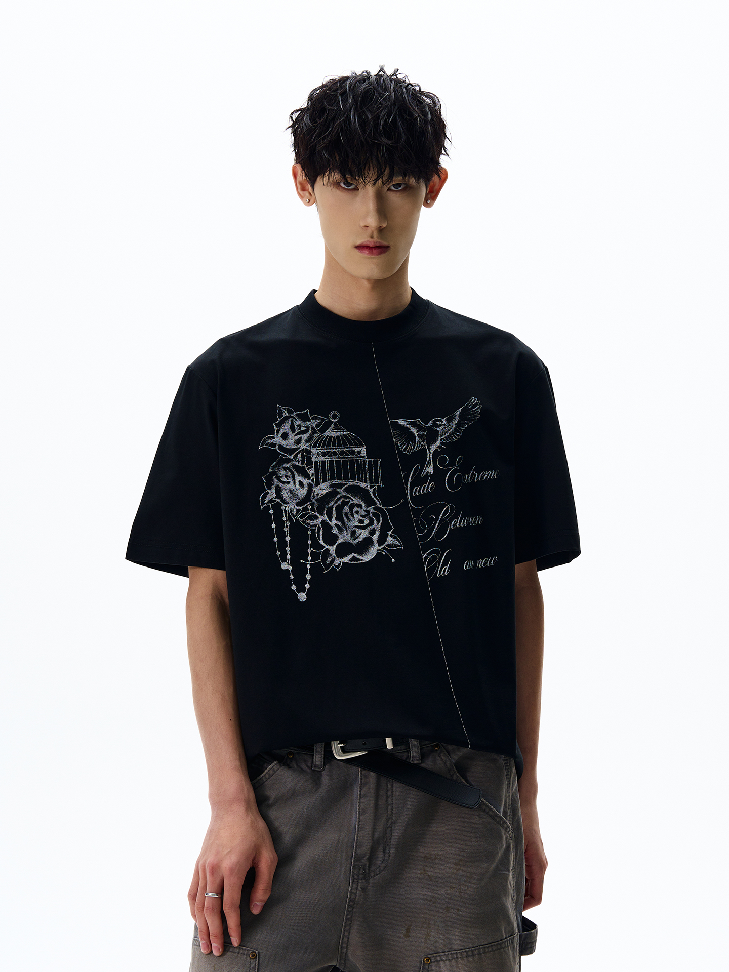 Vintage Hand-Painted Printed Short Sleeve T-Shirt for Men - Boxy Fit, Drop Shoulder, Casual Style