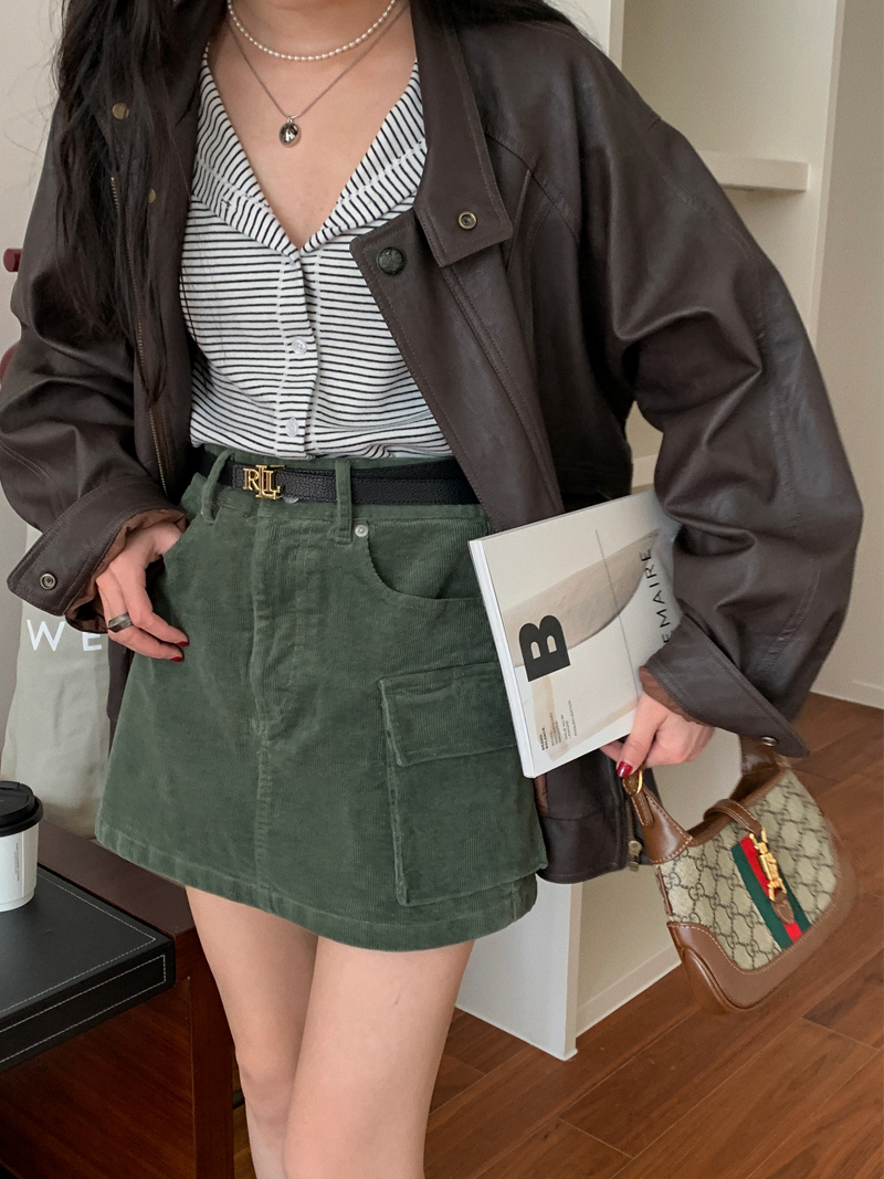 Vintage High-Waisted Midi Skirt for Women - A-Line Corduroy Spring/Summer 2025 Fashion Essential
