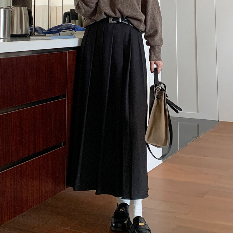 Vintage High-Waisted Pleated Midi Skirt for Women, A-Line Long Skirt, Autumn Winter 2025, Perfect for Pear-Shaped Figures, 90s Style