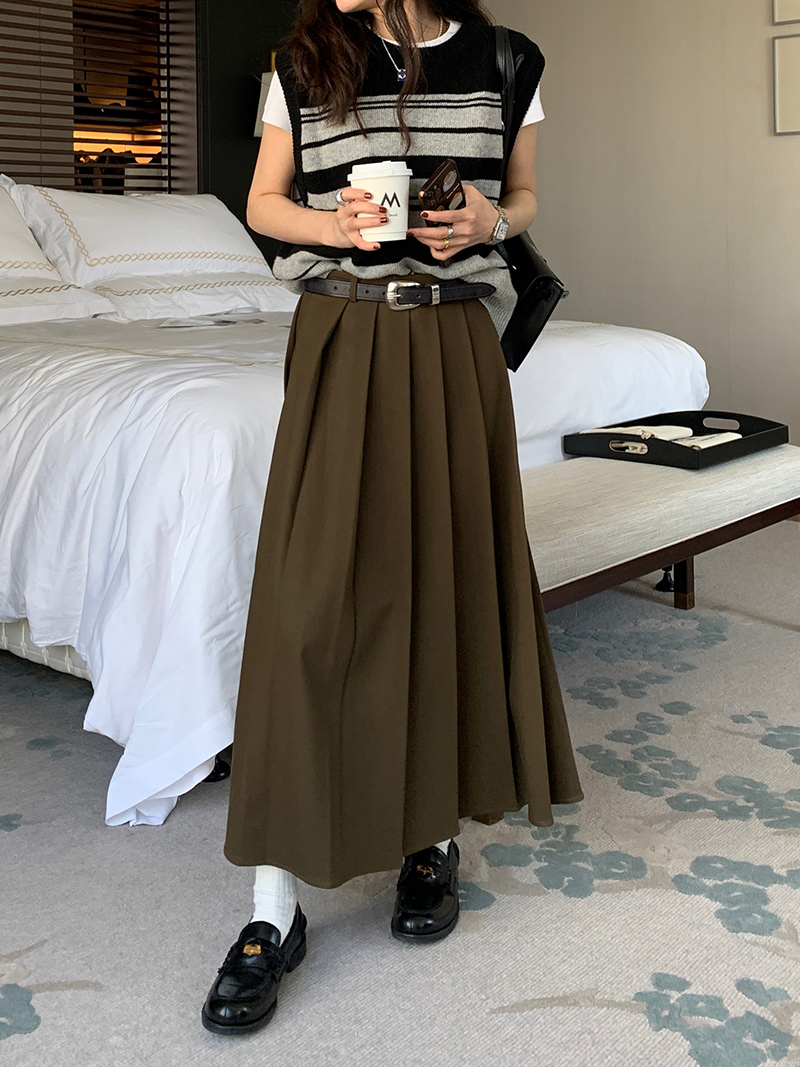 Vintage High-Waisted Pleated Midi Skirt for Women, A-Line Long Skirt, Autumn Winter 2025, Perfect for Pear-Shaped Figures, 90s Style
