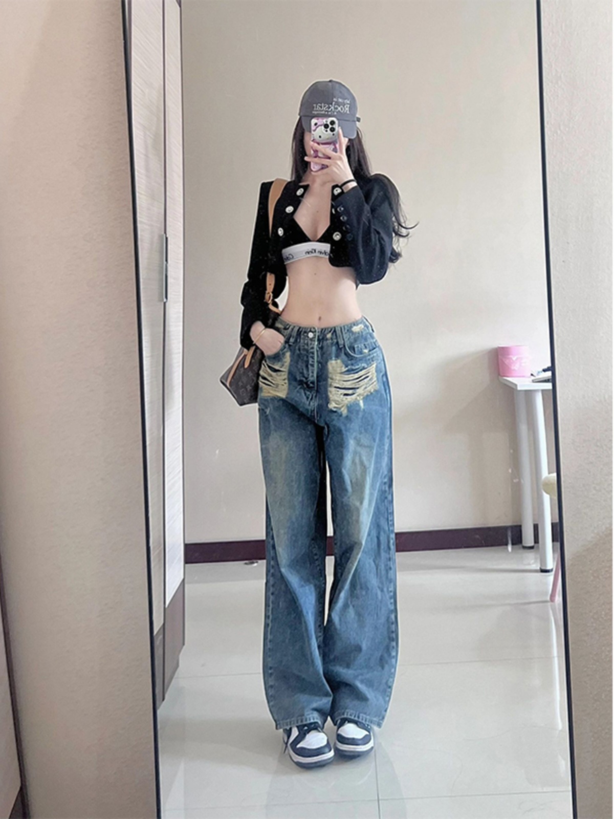 Vintage High-Waisted Ripped Jeans for Women - Eccentric Loose Fit Slimming Distressed Wide-Leg Pants - 90s Inspired Fashion