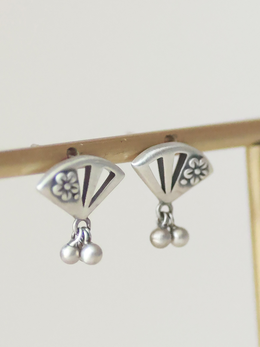Vintage Hollowed-Out Plum Blossom Print Silver 925 Chinese Style Earrings with Tassels and Round Balls for Boho Chic Look
