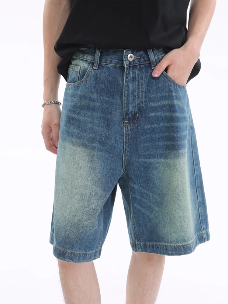 Vintage-Inspired Dark Blue Denim Shorts for Summer - Distressed Loose Fit Straight-Leg Five-Point Casual Style