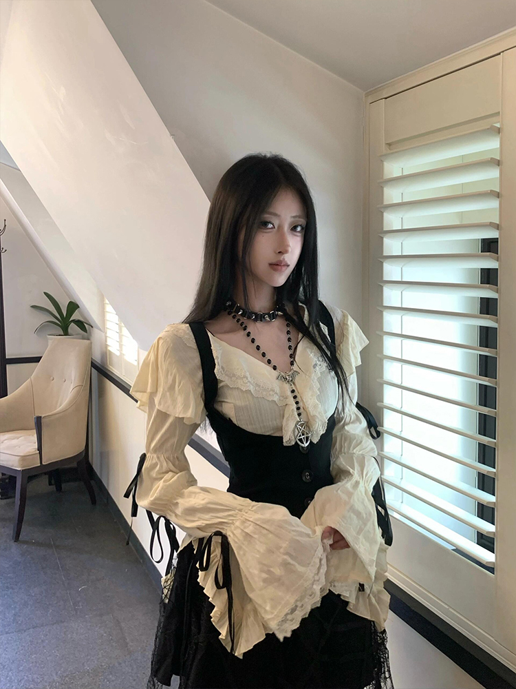 Vintage-Inspired Long Sleeve Shirt and High-Waisted Slimming Skirt Set - Casual Versatile Hot Girl Outfit