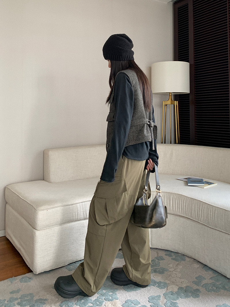 Vintage-Inspired Women's Casual Wide-Leg Workwear Pants with Loose Fit and Slanted Pockets, Trendy Parachute Style
