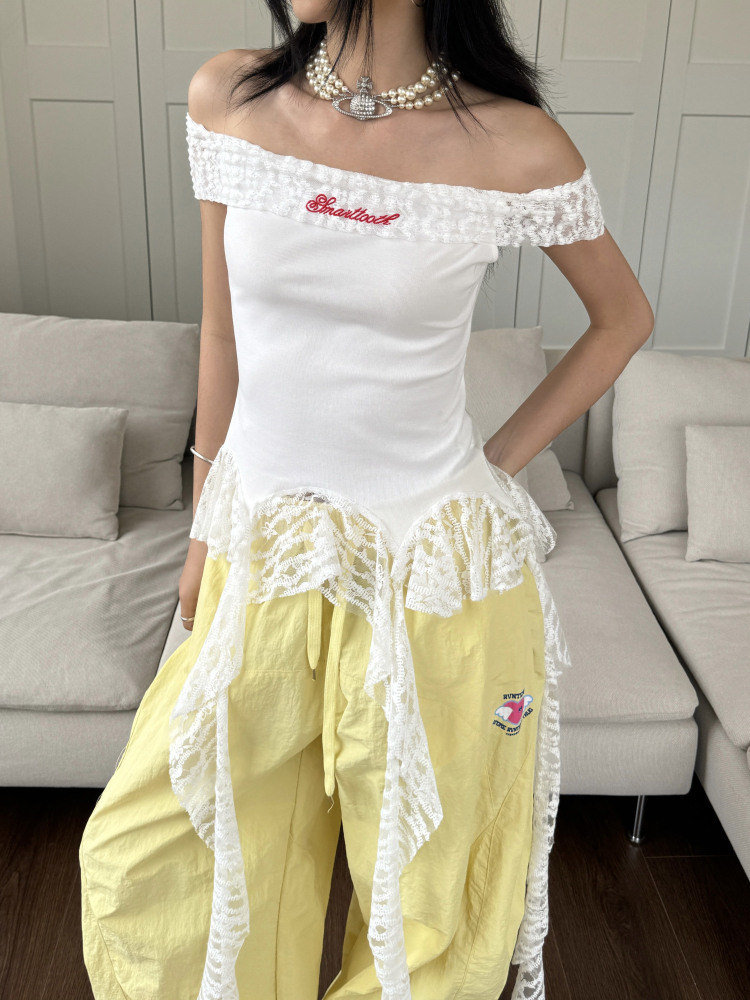 Vintage Lace Splicing One-Shoulder Tank Top with Fringe Design - Slim Fit, Flattering Style, Perfect for 90s and Y2K Fashion Trends