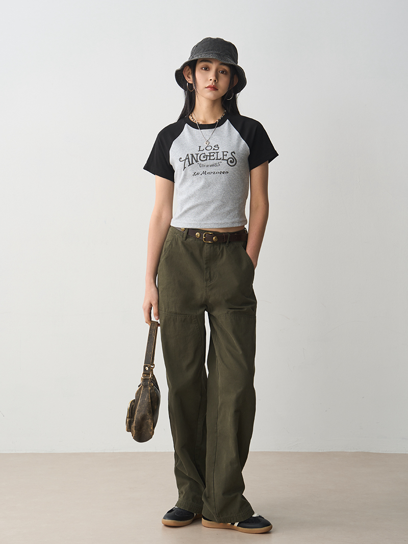 Vintage Letter Print Short Sleeve T-Shirt for Women - 2025 Summer Black Gray Raglan Slim Fit Tee, Y2K Style Fashion Top