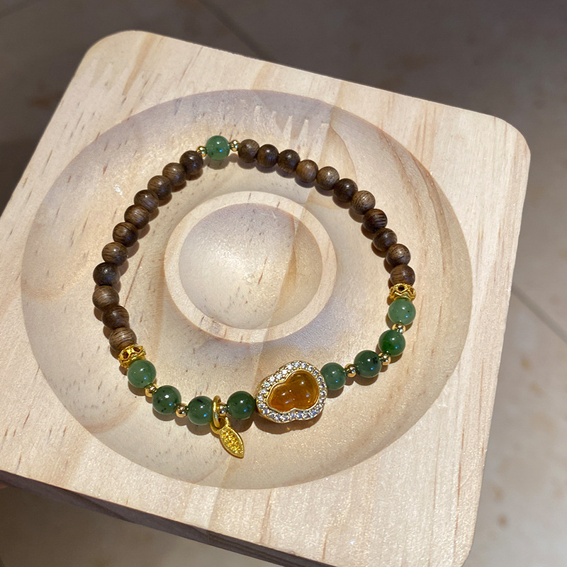 Vintage Natural Jadeite Agarwood Beaded Gourd Tree Leaf Bracelet - High-End Light Luxury Wristband Accessory