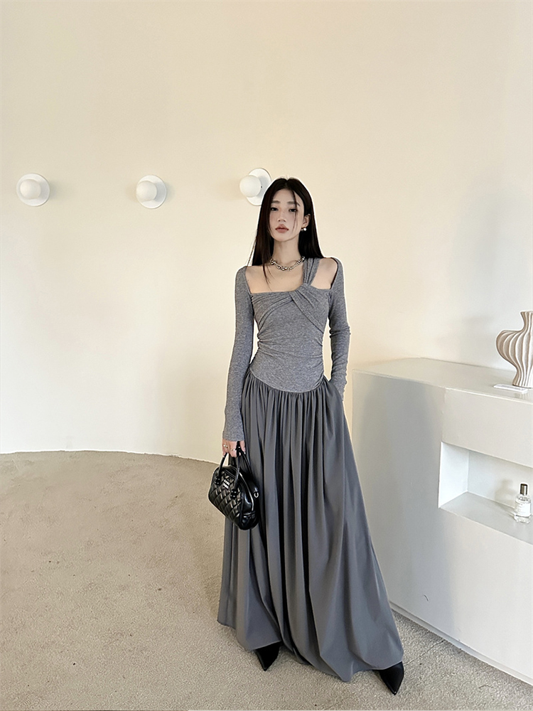 Vintage Off-Shoulder Halter Long Sleeve Dress - Eccentric Spicy Girl Autumn Pleated A-Line Skirt, Waist-Cinching Style