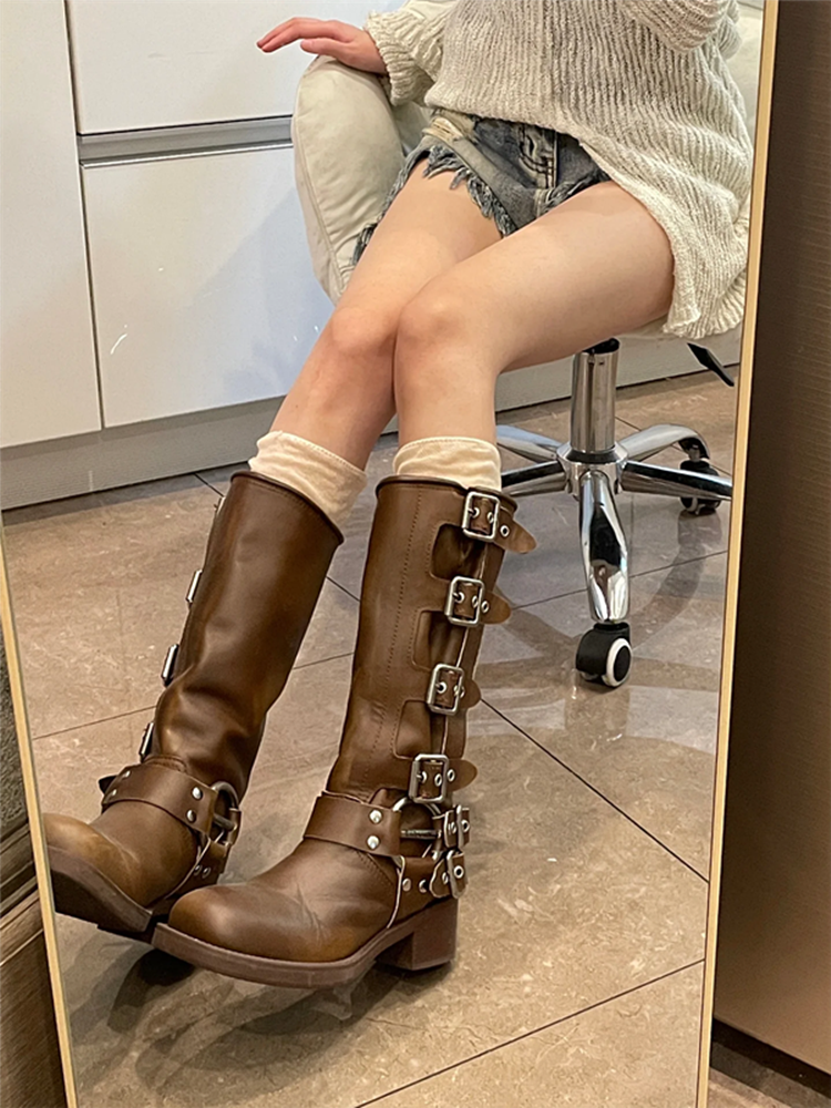 Vintage Over-the-Knee Genuine Leather Chunky Heel Martin Boots for Women - Western Cowboy Style Summer Footwear