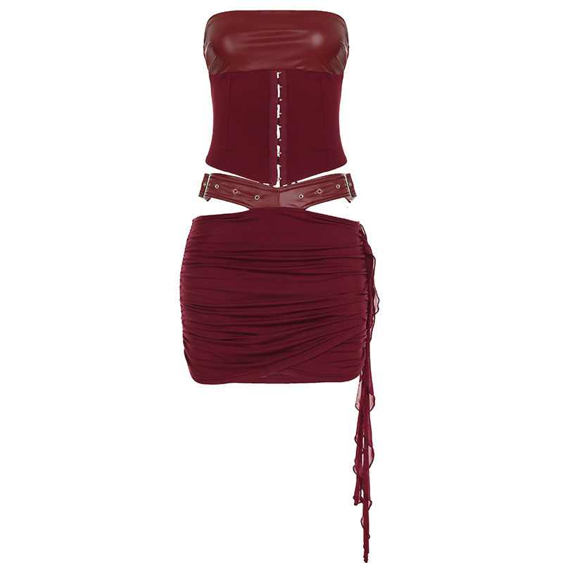 Vintage Palace Style Strapless Top with Leather Hollow-Out Waist Bag & Hip-Hugging Skirt Set for Women - Chic Y2K Fashion