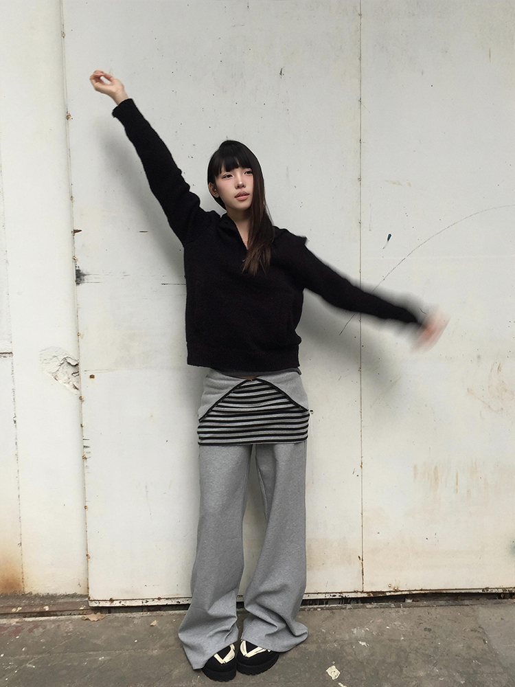 Vintage Patchwork Striped High-Waisted Wide-Leg Pants for Women - Casual Slim Fit Sports Trousers for Autumn and Winter