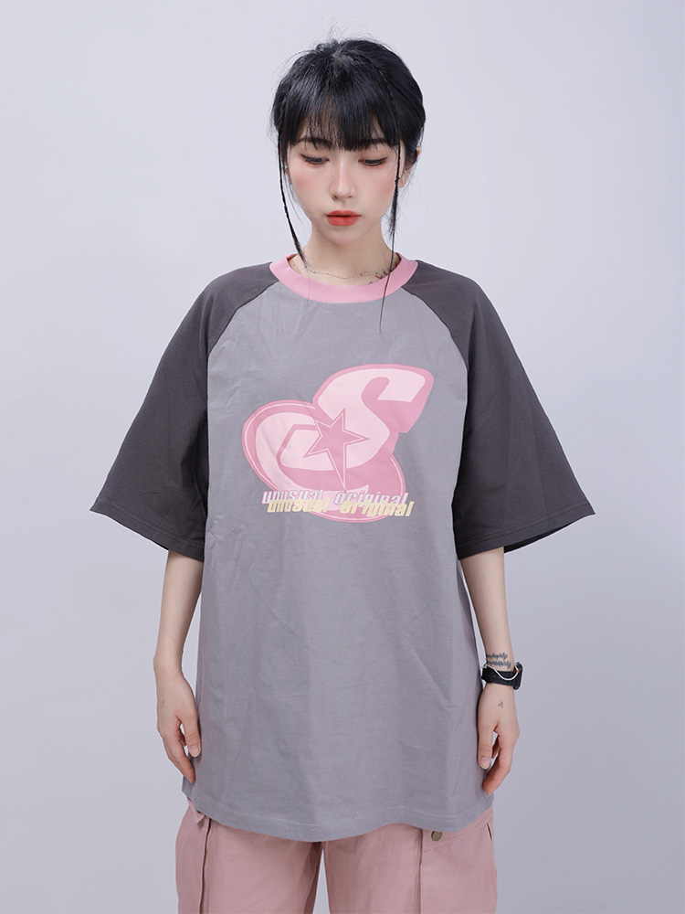 Vintage Pink Raglan Short Sleeve T-Shirt for Women - Sweet Spicy Jazz Loose Dance Top - Y2K American Style