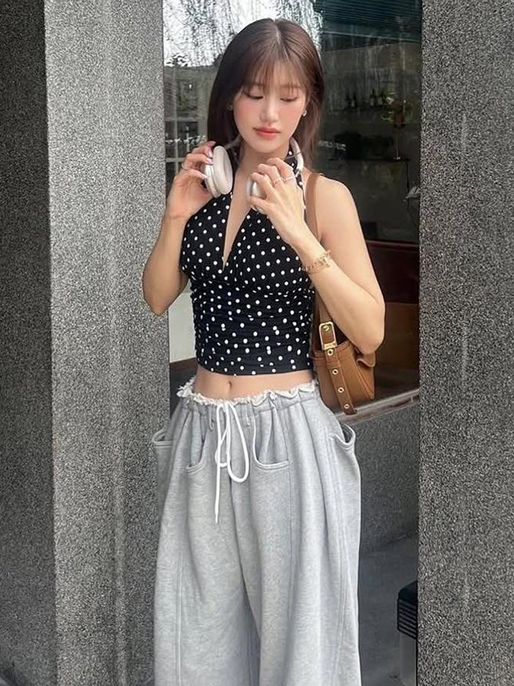 Vintage Polka Dot V-Neck Backless Halter Top & Gray Loose Casual Long Pants Two-Piece Set for Women - 90s Inspired Fashion