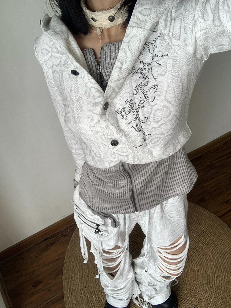 Vintage Printed Hooded Long Sleeve T-Shirt for Women - Eccentric Spicy Girl Autumn Slim Fit Jacket Top