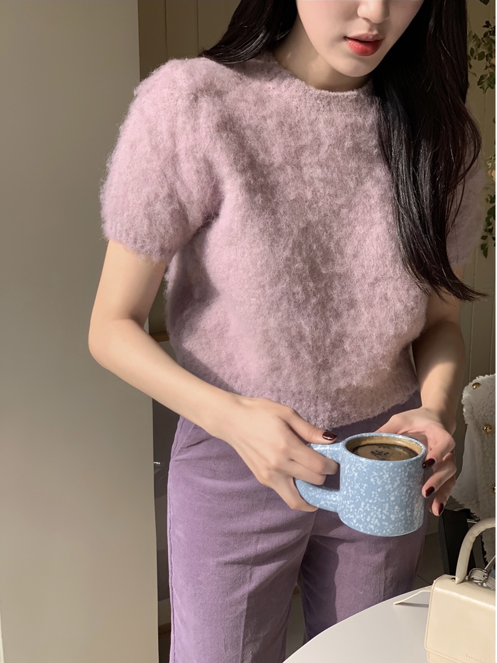 Vintage Purple Short-Sleeve Knitted Top in Wool - Korean Style Fashion, Perfect for 90s Inspired Outfits