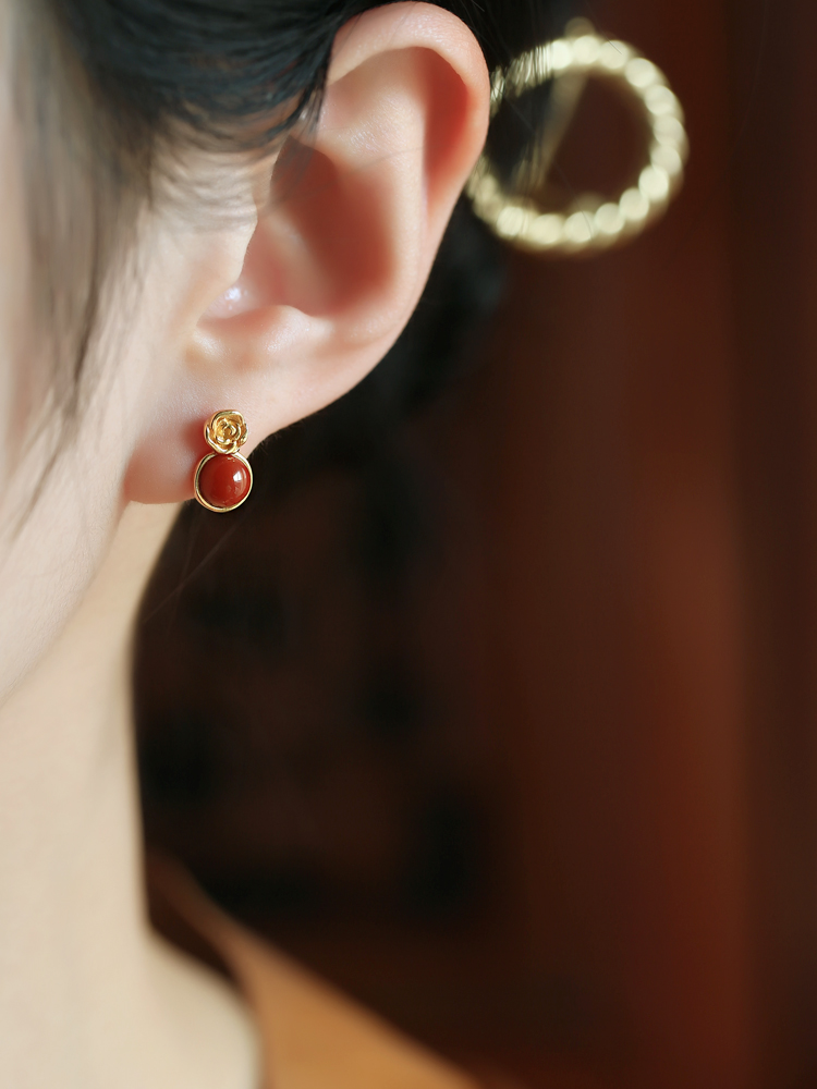 Vintage Red Agate Rose Flower Stud Earrings in Pure Silver, National Style Light Luxury Jewelry for Women