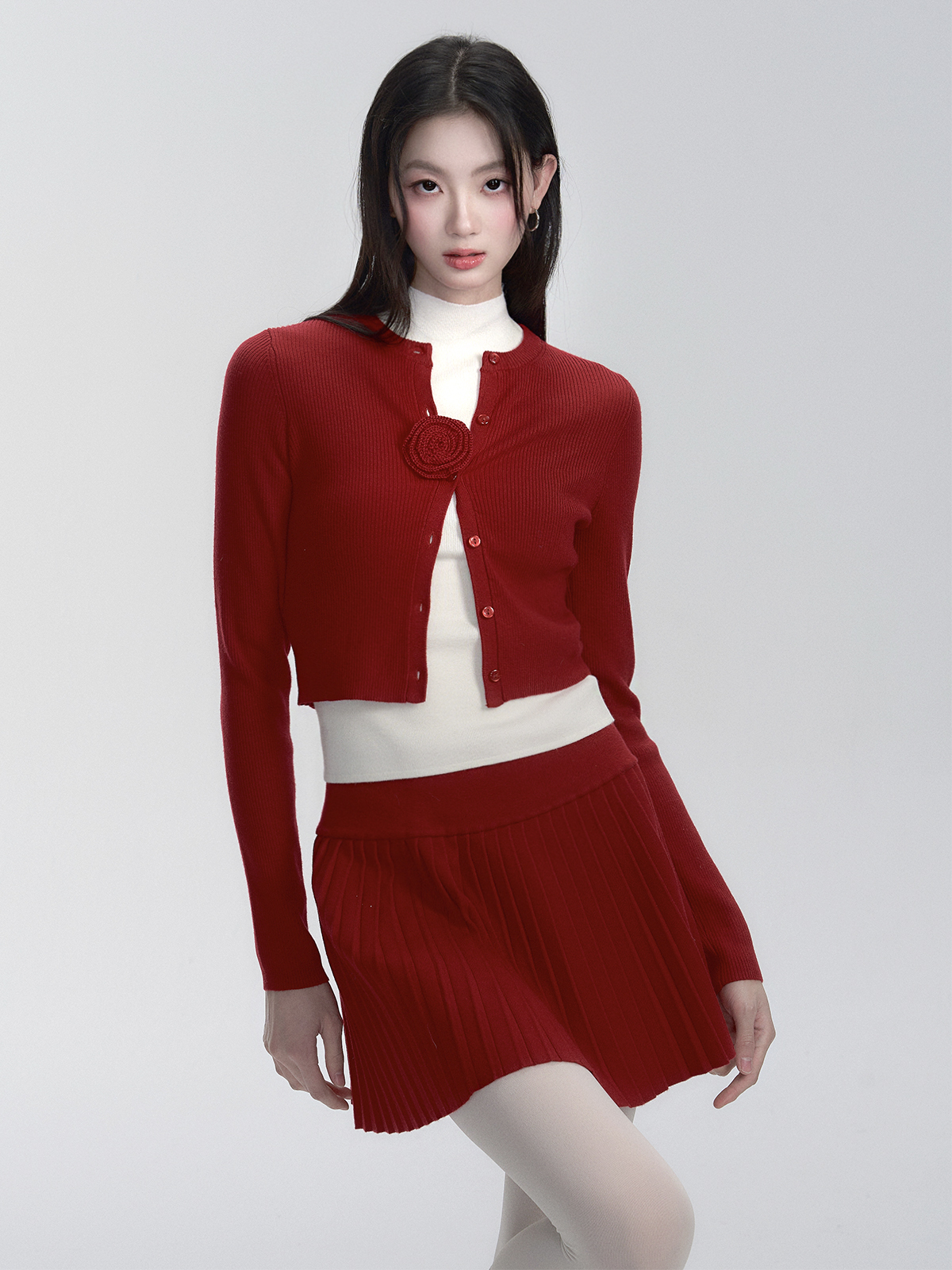 Vintage Red Knitted Cardigan and Skirt Summer Outfit Set - Christmas Carnival Style, Retro Chic Fashion for Festive Looks