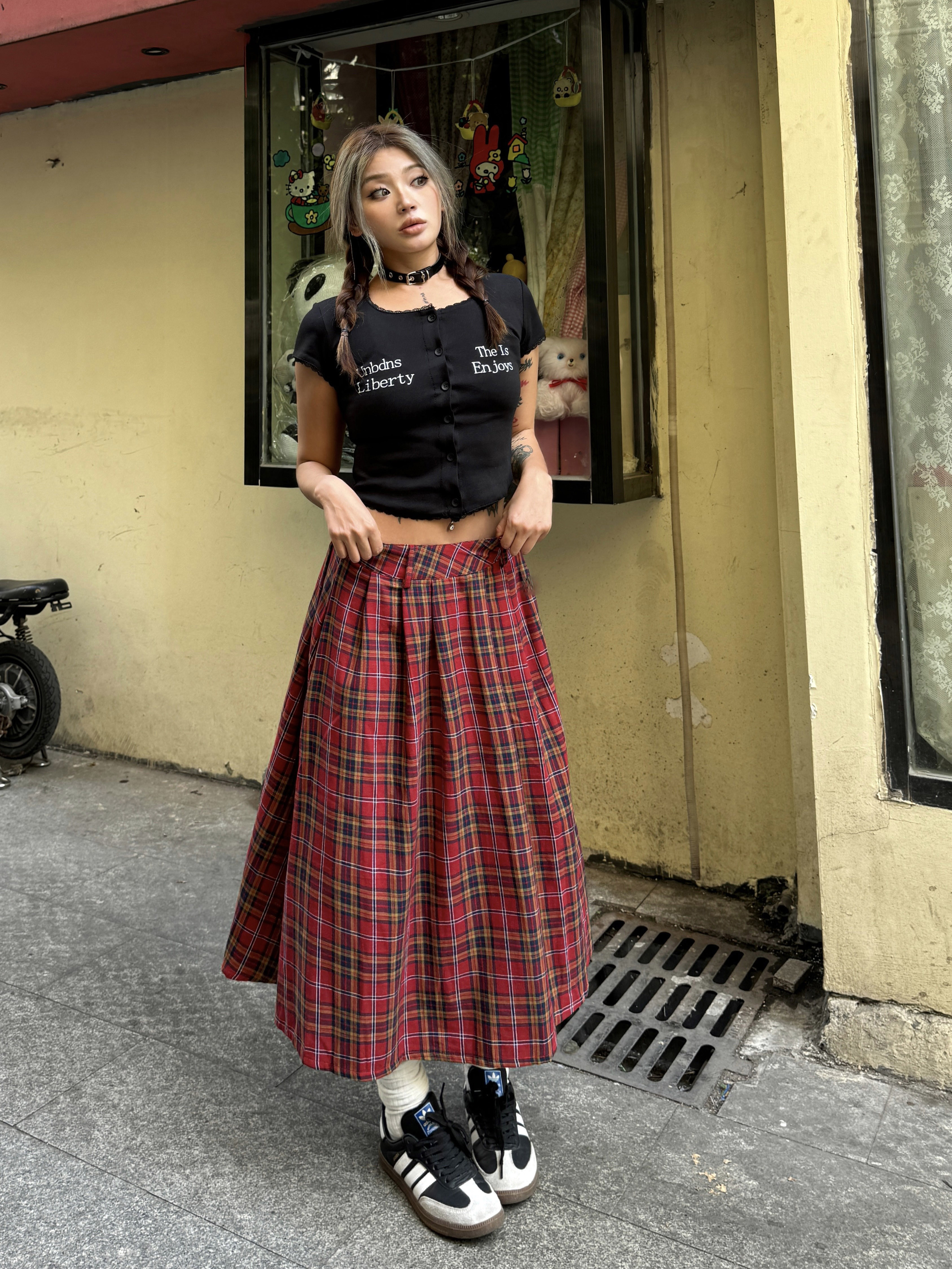 Vintage Red Plaid Midi Skirt for Summer - Slim A-Line Pleated Design, American Style, Spicy Girl Fashion, Y2K Aesthetic