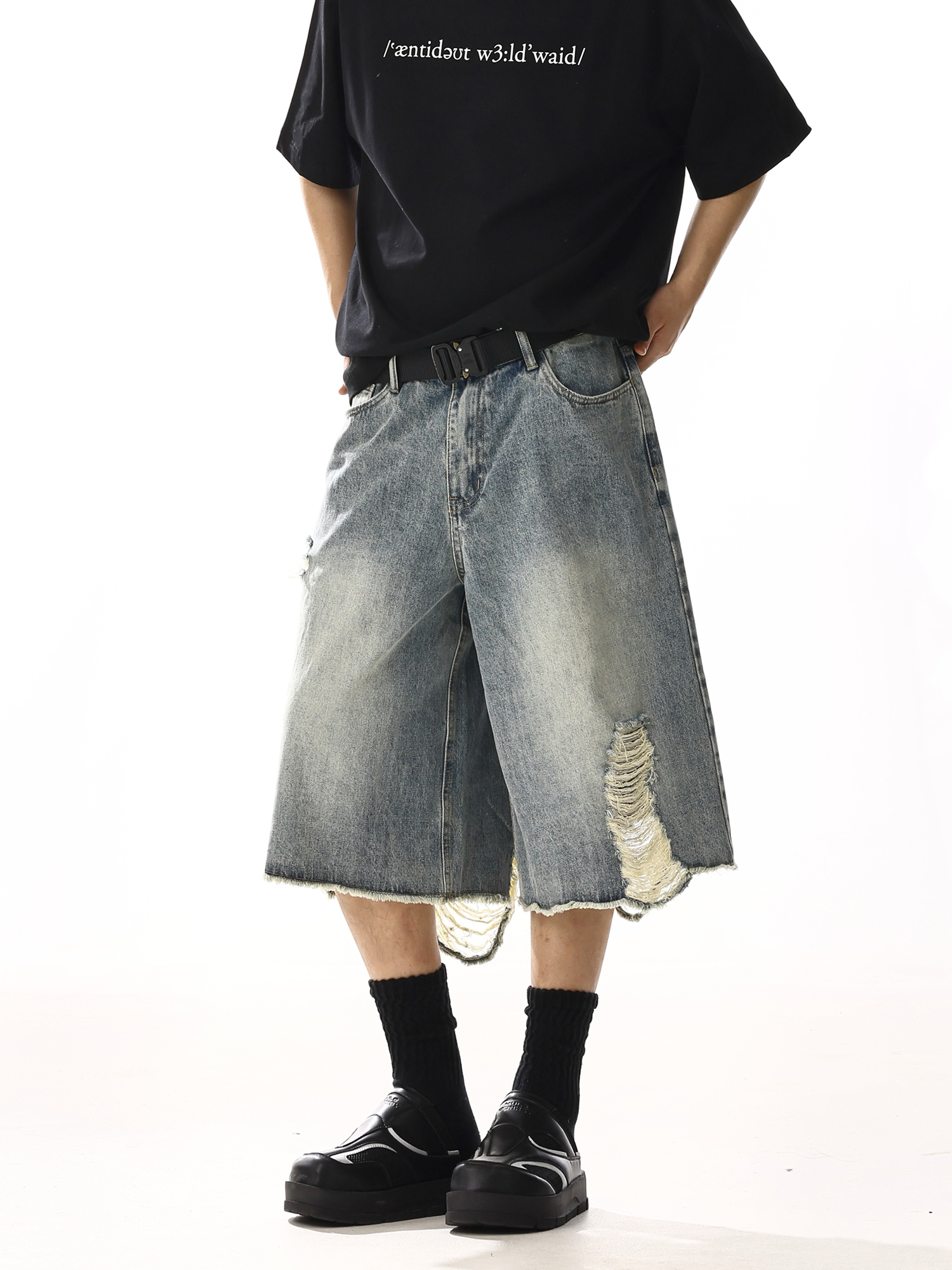Vintage Ripped Denim Capri Pants for Men and Women, Distressed Loose Straight Wide-Leg Shorts, Summer Style Fashion
