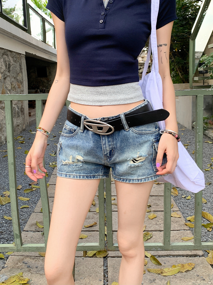 Vintage Ripped Denim Shorts for Women - 2025 American-Style Summer Low-Waist Slimming Hot Pants