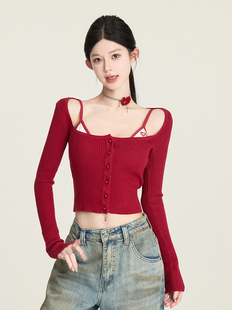 Vintage Slim Fit Knitted Cardigan with Flare Neck, Long Sleeve Layering Top for Hot Girl Style, Perfect for Y2K and 90s Fashion