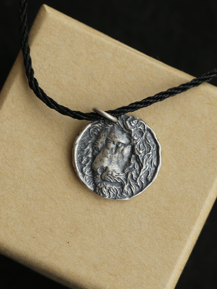 Vintage Thai Silver Lion Pendant Necklace, 925 Sterling Silver Relief Design, European American Style, Black Cord, Antique Look