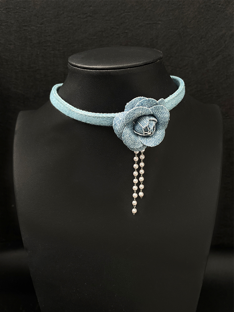 Vintage Three-Dimensional Denim Blue Flower Choker Necklace for Women - Unique Collarbone Chain Neckband - Boho Style