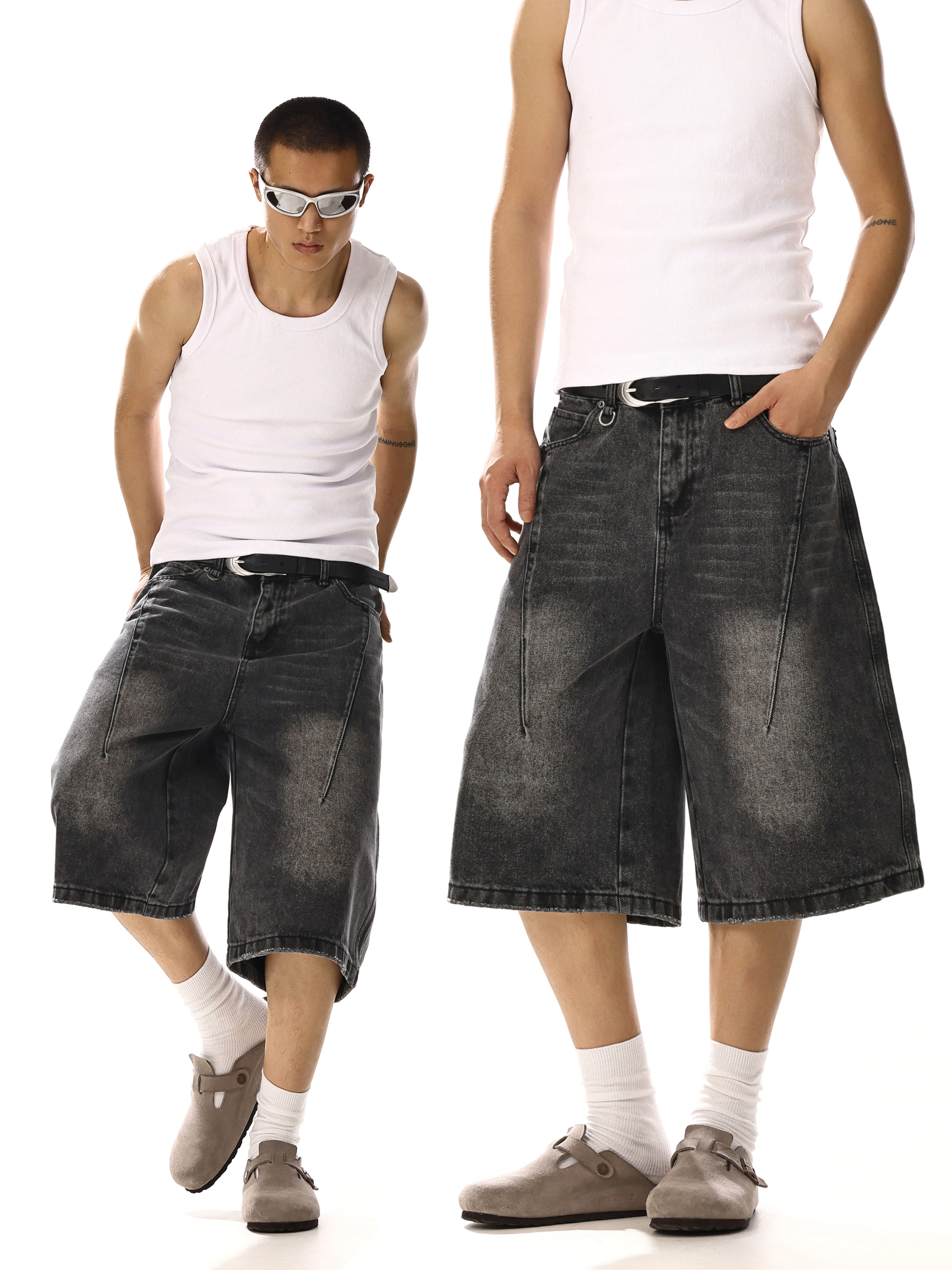 Vintage Washed Distressed Denim Shorts for Men and Women - Unisex Loose Wide-Leg Capri Pants for Casual Street Style
