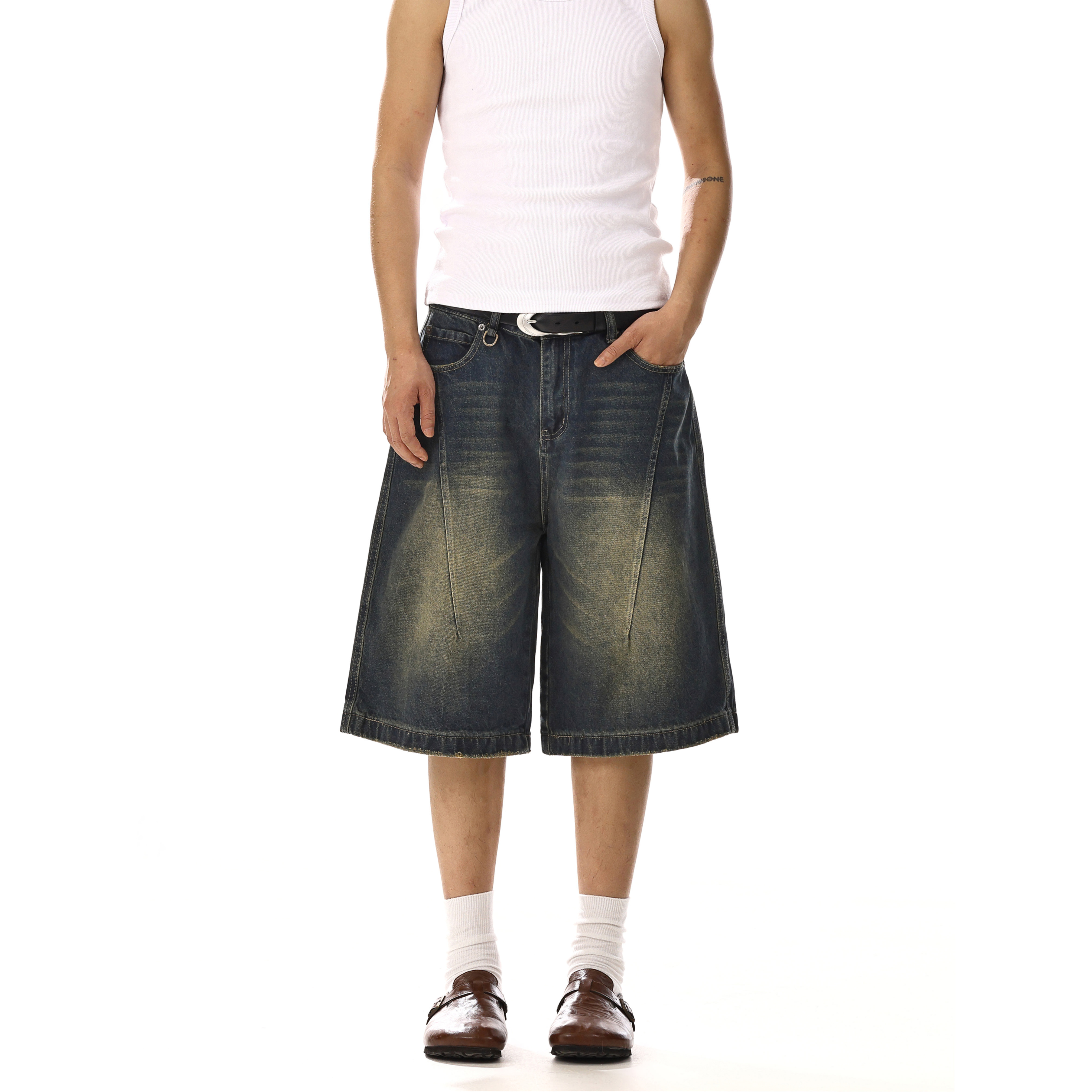 Vintage Washed Distressed Denim Shorts for Men and Women â€“ Loose-Fit Wide-Leg Capri Pants for Casual Street Style