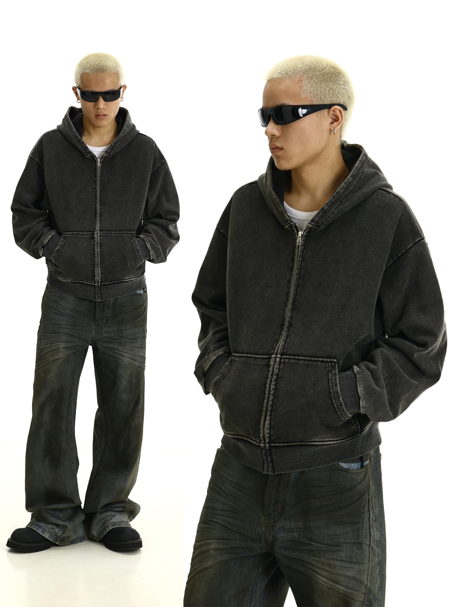 Vintage Washed Hooded Zip-Up Sweatshirt - Unisex Loose Casual Jacket for Spring & Autumn, Versatile Couples Hoodie