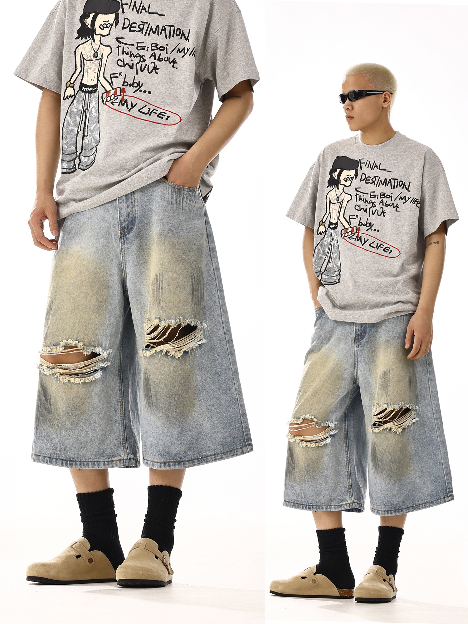 Vintage Yellow Mud Dye Ripped Denim Shorts for Unisex â€“ Versatile Washed Straight Loose Wide-Leg Casual Capris, Y2K Style