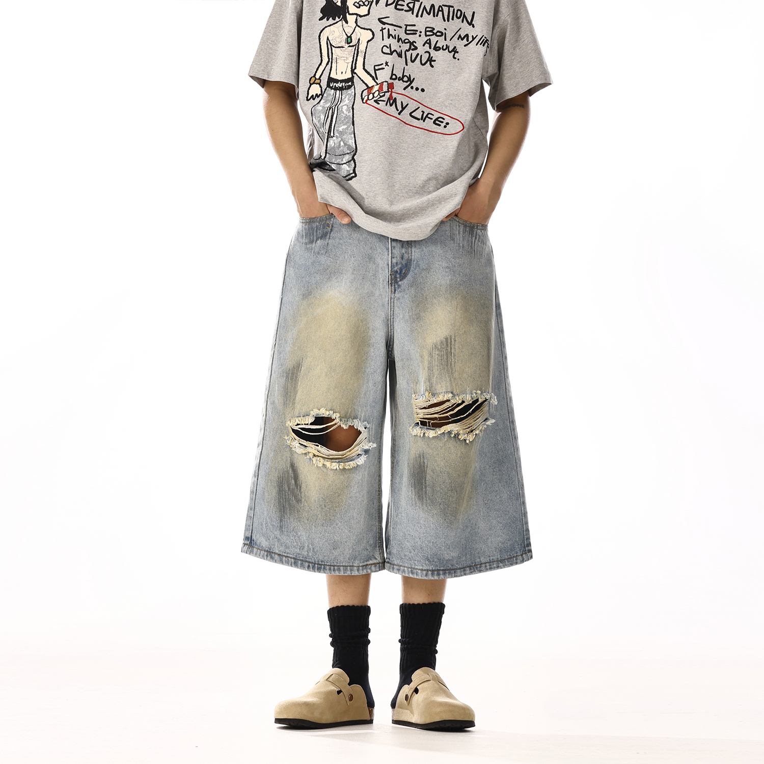 Vintage Yellow Mud Dye Ripped Denim Shorts for Unisex â€“ Versatile Washed Straight Loose Wide-Leg Casual Capris, Y2K Style