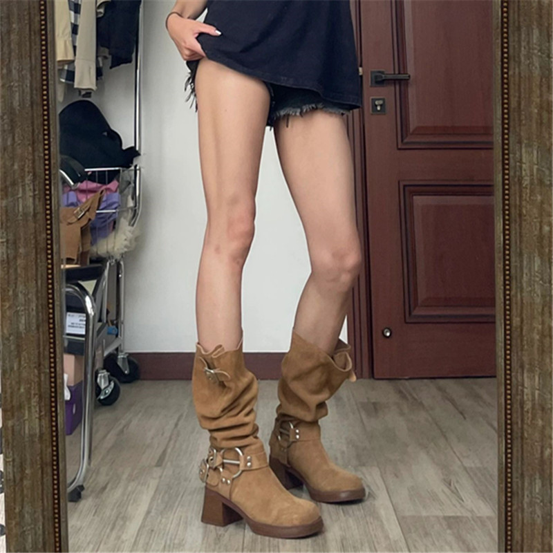 Vintage Yellow Western Cowboy Boots for Women, Chunky Heel Mid-Calf Design, 2025 Spring Autumn Style, British-Inspired Footwear