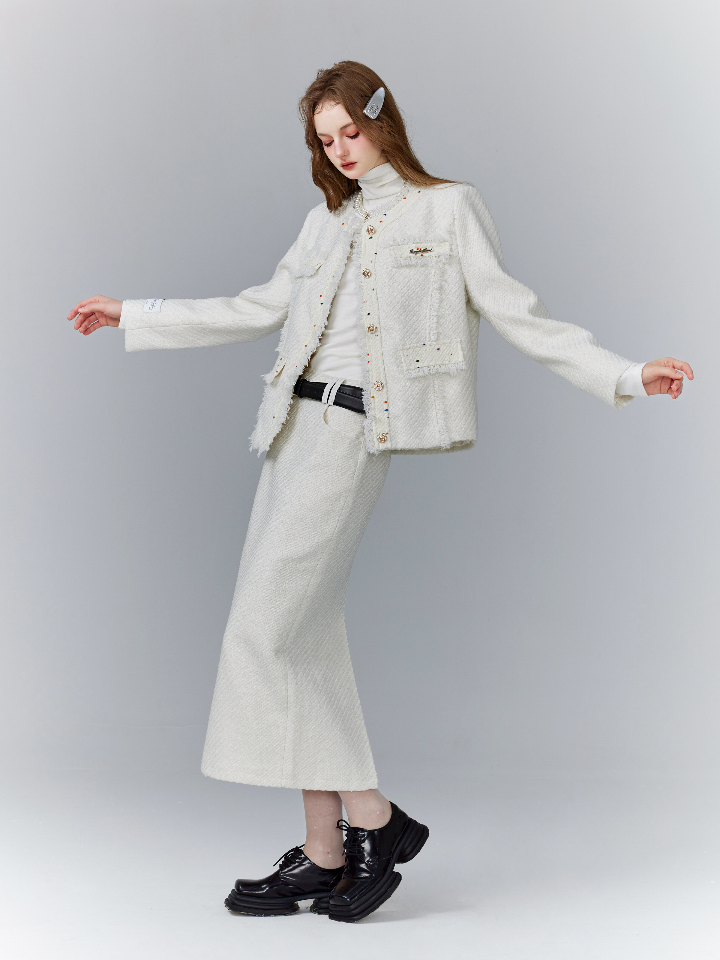 White Chanel-Style Tweed Jacket with Colorful Dots - Small Spring/Summer Fashion Set