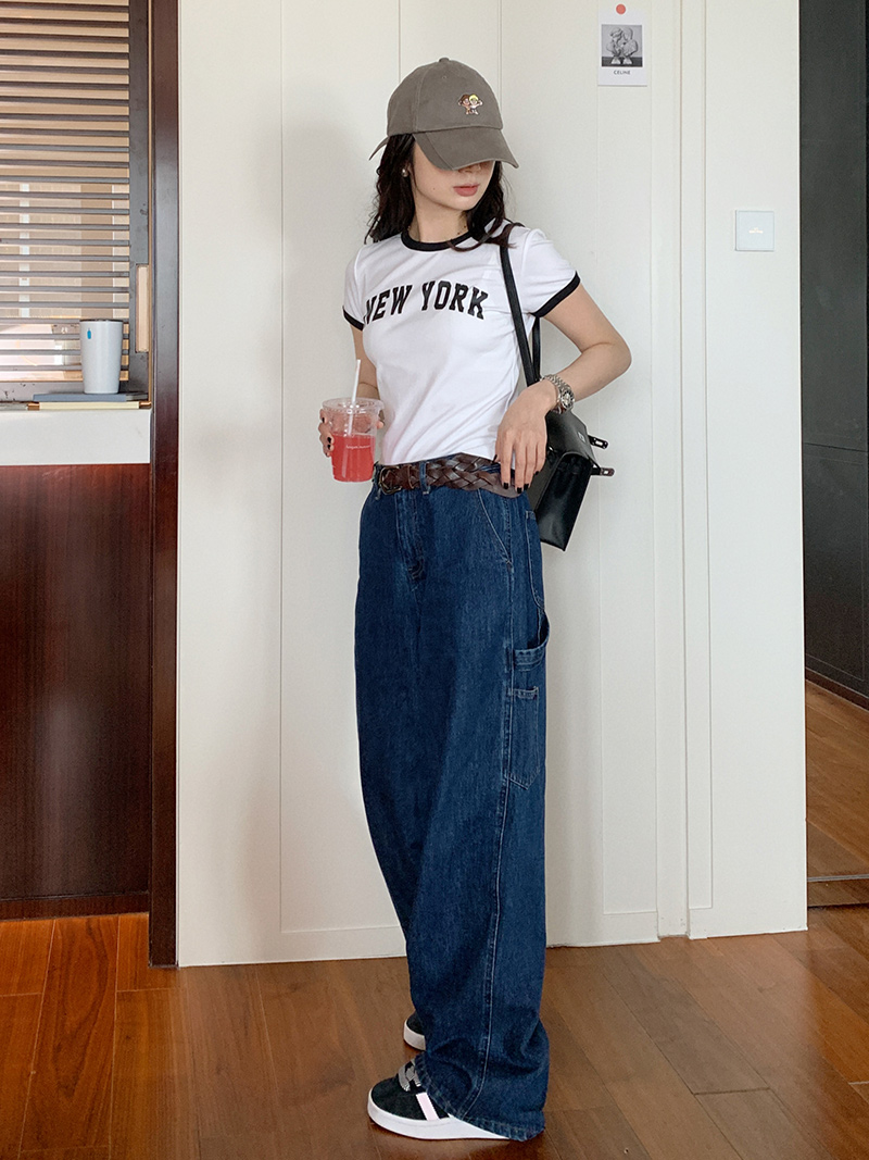 White Color-Block Short Sleeve T-Shirt for Women, Slim Fit Round Neck, Casual 90s Style Top