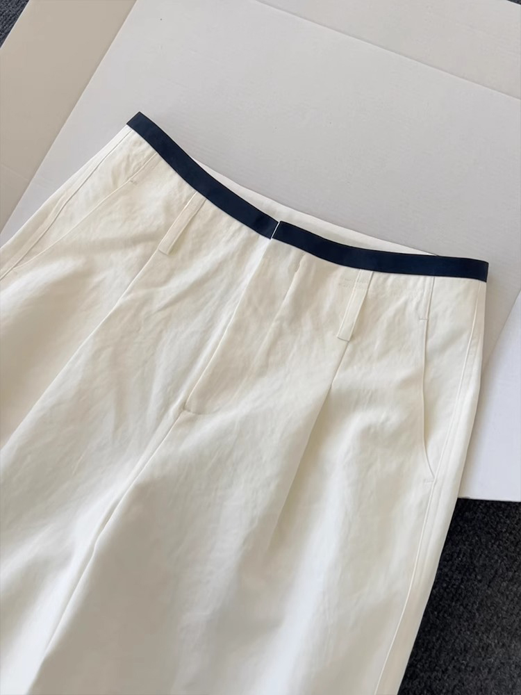 White Color-Blocking High-Waisted Straight-Leg Pants for Women - Lightweight, Breathable, Versatile Summer 2025 Casual Long Trousers