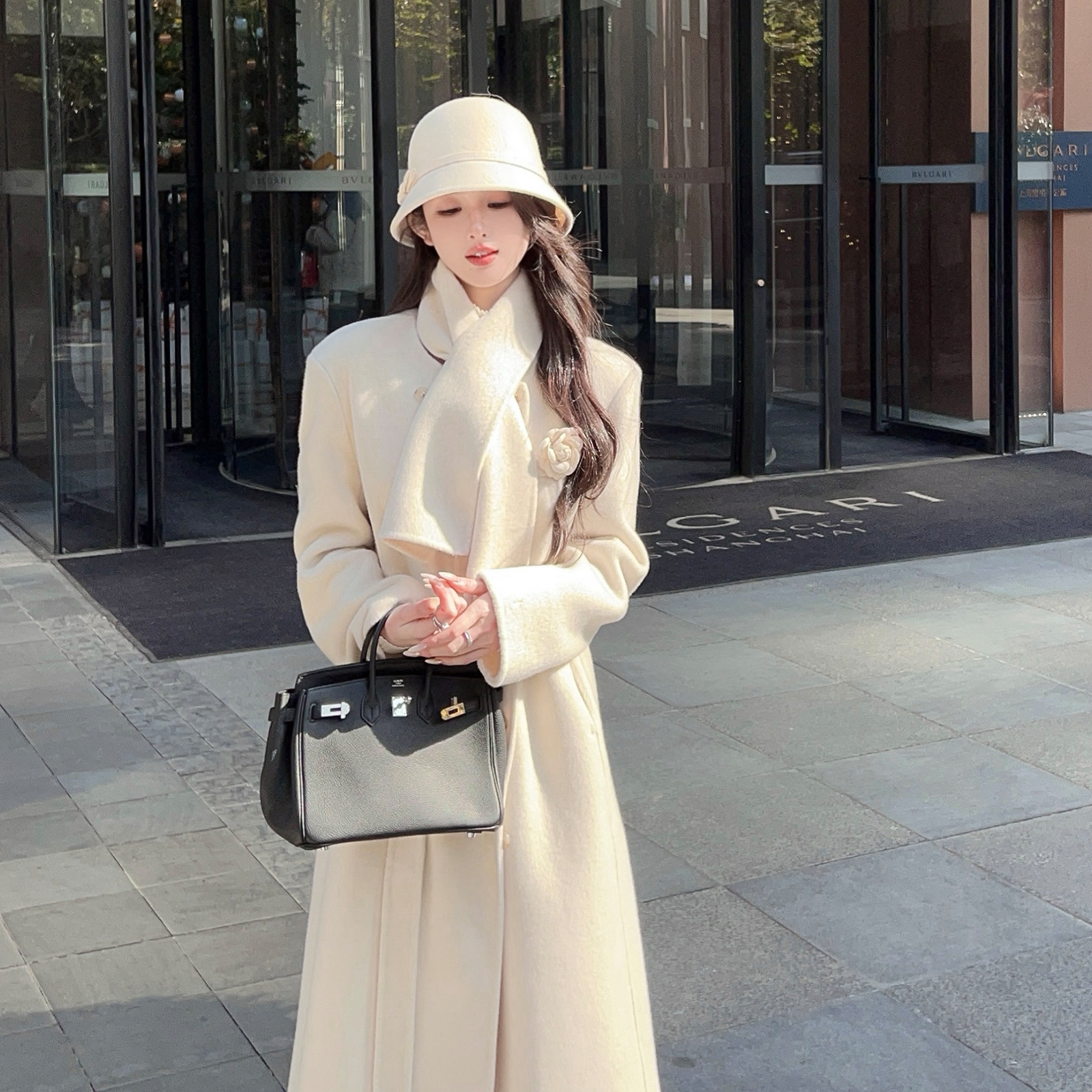 White Double-Sided Wool Cashmere Long Coat for Women with Scarf â€“ Elegant Winter Outerwear, Chic Layering Piece, Perfect for Cold Weather