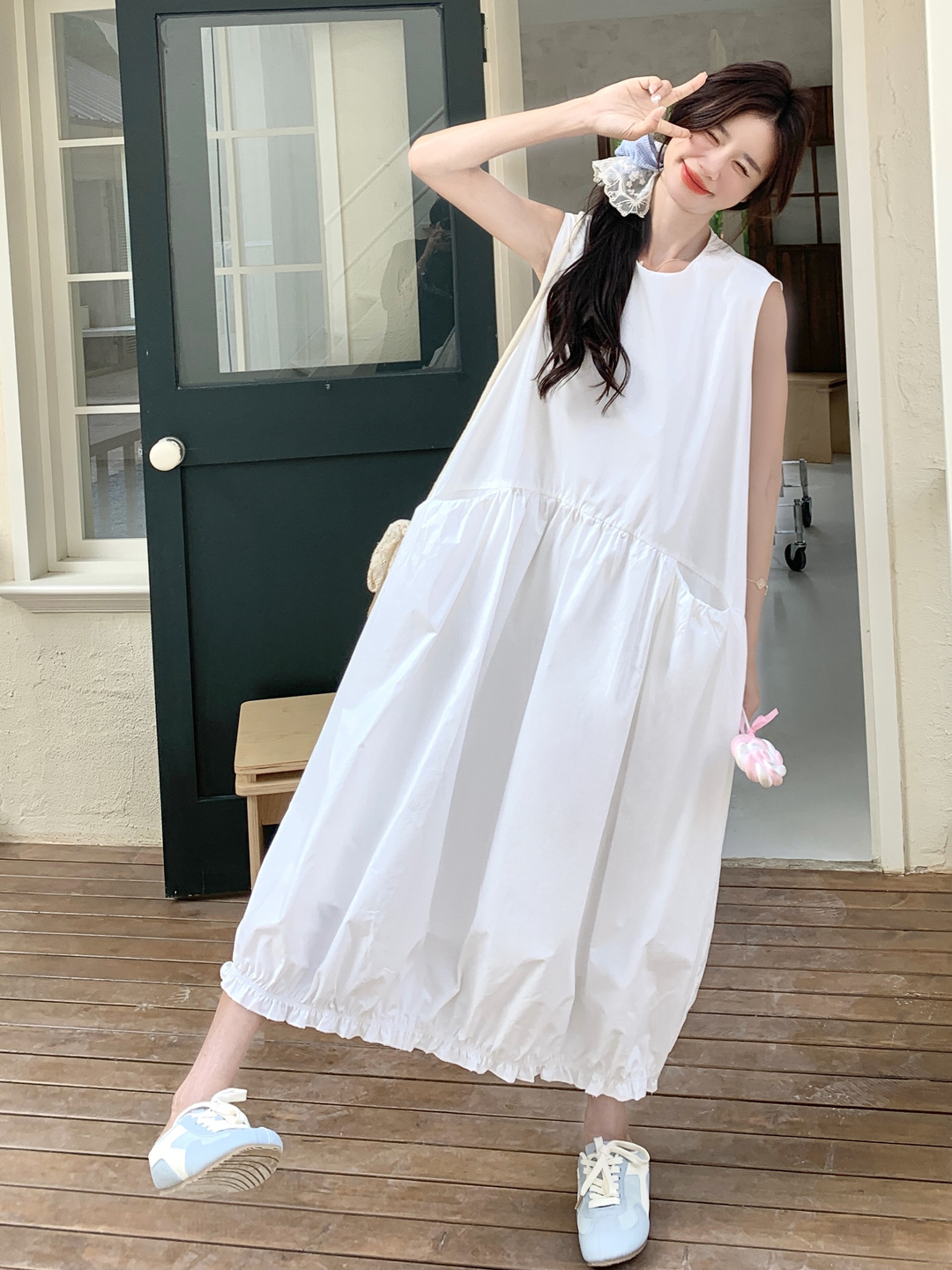 White Elegant Korean-Style Ruffled Pleated Tank Dress for Women - 2025 Summer Fashion, Age-Reducing Pure Style