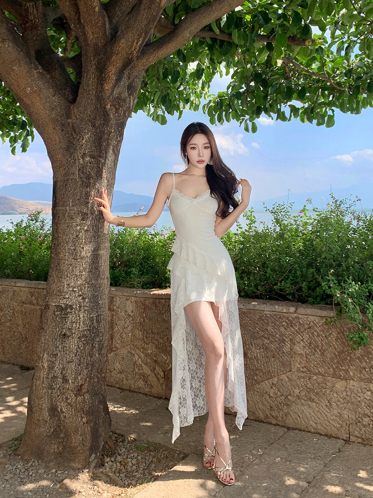 White Fairy Dress with Lace, Irregular Spaghetti Straps, Sweet Beach Vacation Style, Long Boho Dress
