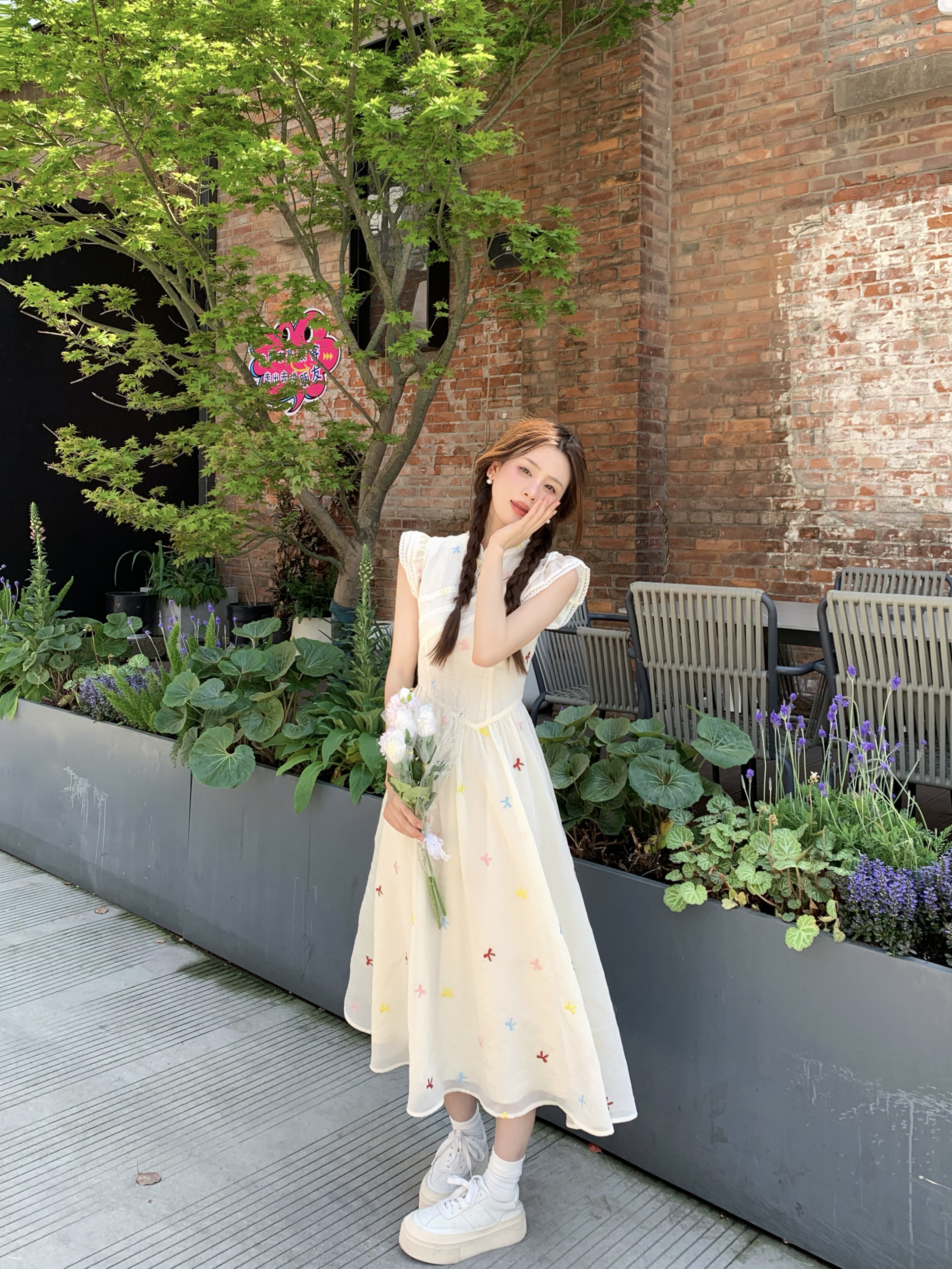 White Floral Butterfly Dress - Chinese Retro Style Long Skirt with Buttoned Sweet Waist - Vintage Inspired 90s Fashion